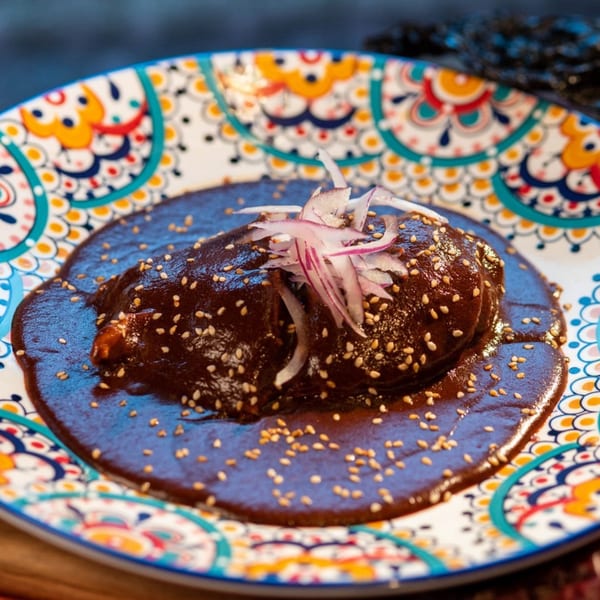 Chito's Mexican mole dish, garnished with sesame seeds and red onion, on a colorful plate.